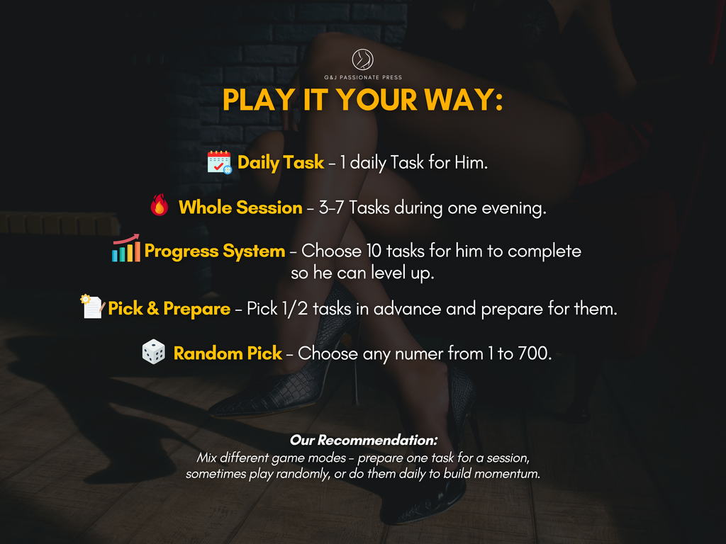 700 Femdom Tasks play guide graphic showing daily task, whole session, progress system, pick and prepare, and random pick options
