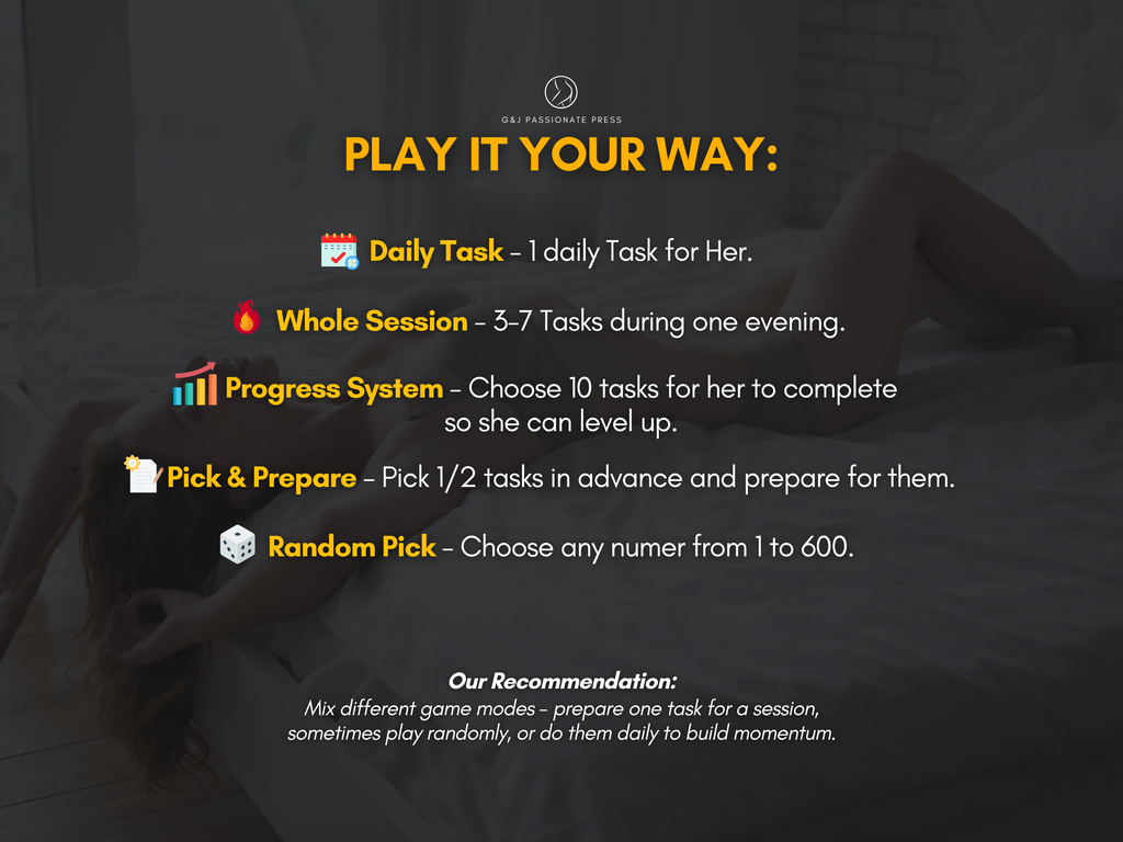 600 Anal Sex Tasks play guide graphic showing daily tasks, whole sessions, progress system, pick and prepare mode, and random task selection