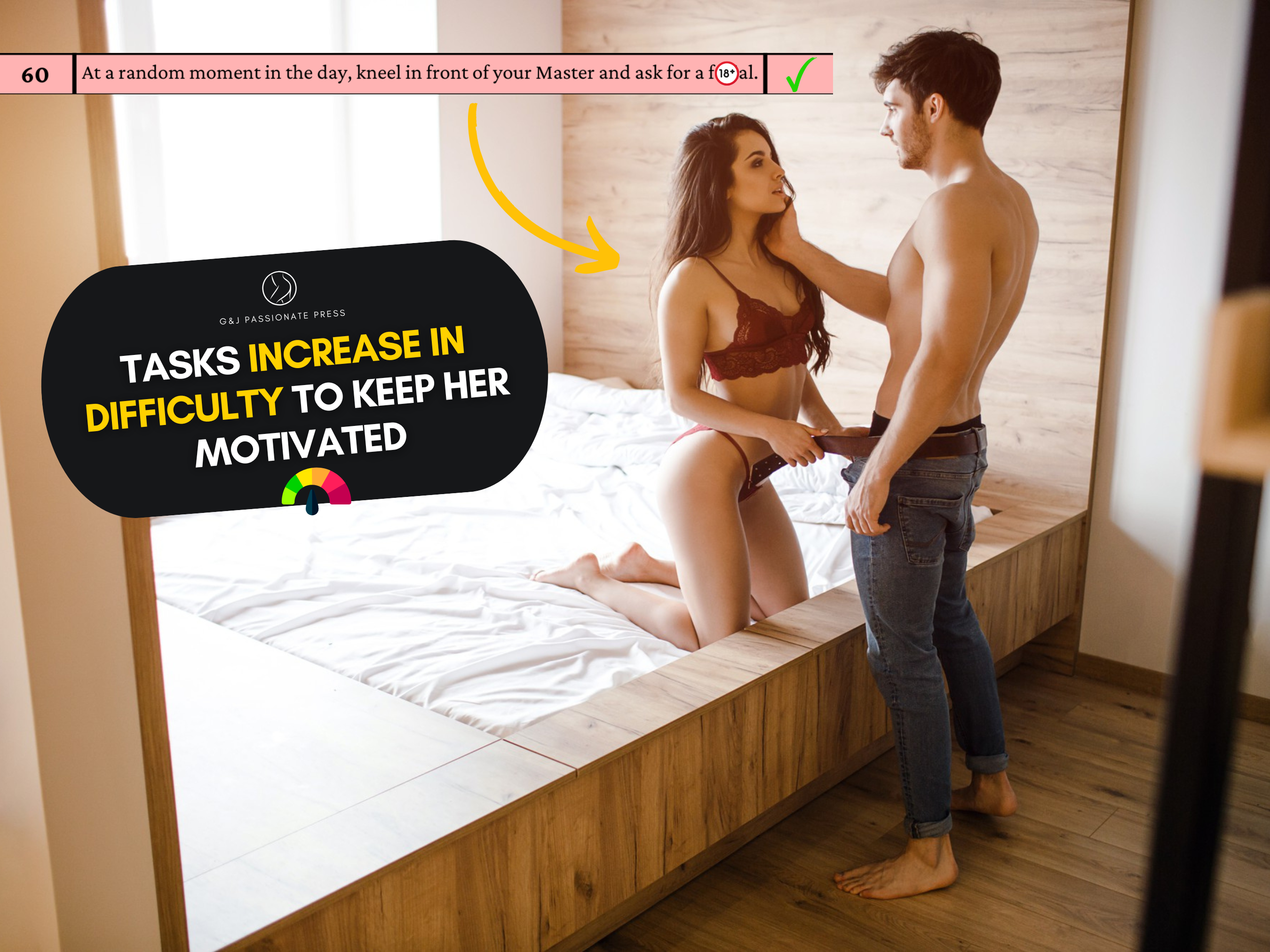 Product preview graphic showing a submissive woman task example and explaining that challenges increase in difficulty to keep her motivated