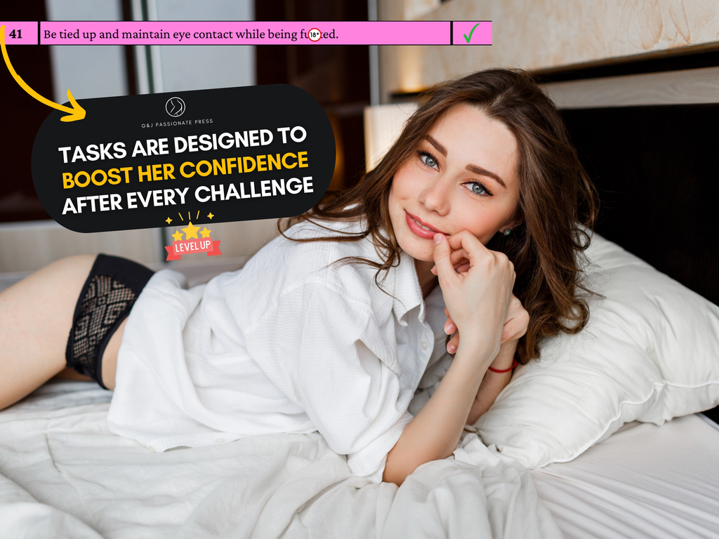 Task preview graphic showing a woman on a bed with text explaining that tasks are designed to boost her confidence after every challenge