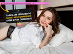 Task preview graphic showing a woman on a bed with text explaining that tasks are designed to boost her confidence after every challenge
