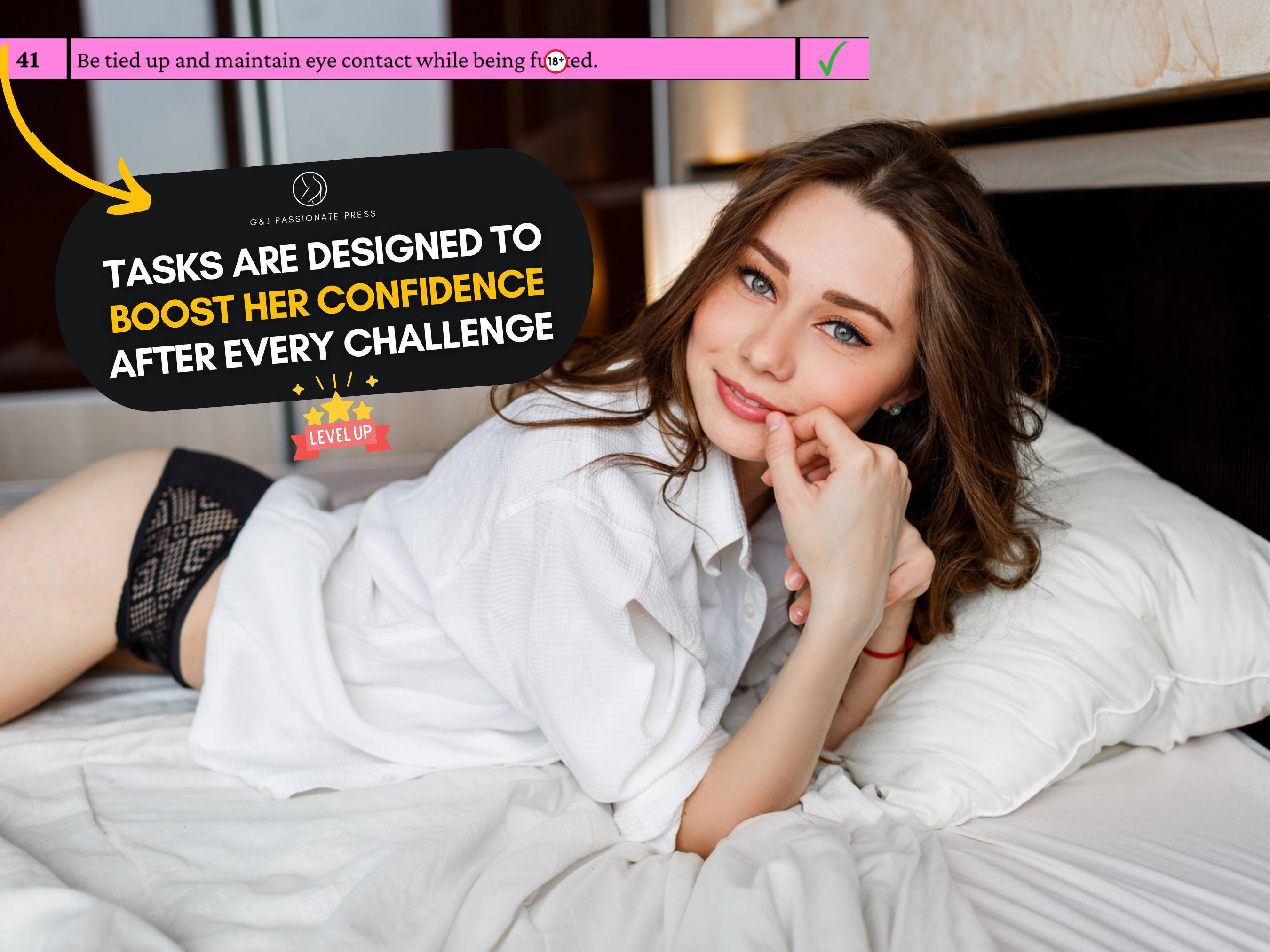 Task preview graphic showing a woman on a bed with text explaining that tasks are designed to boost her confidence after every challenge