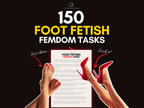 Cover-style product graphic for 150 Foot Fetish Femdom Tasks, featuring red high heels, bare feet, and a bold femdom task title
