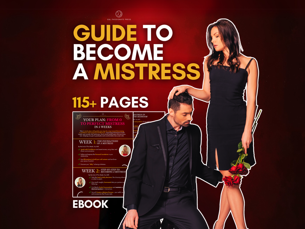 Guide to Become a Mistress ebook cover graphic showing a femdom training guide with 115+ pages for becoming a confident Mistress