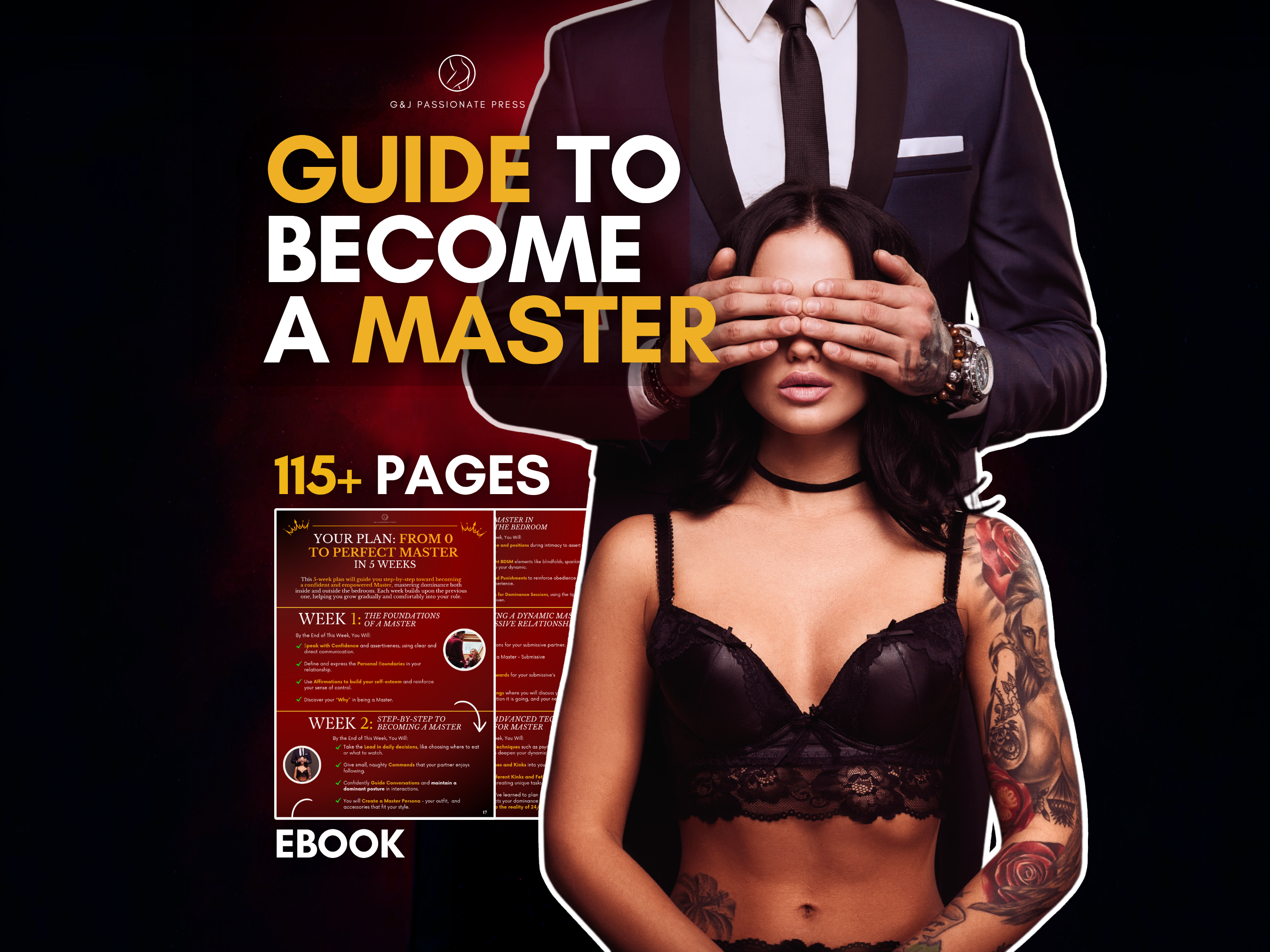 Guide to Become a Master ebook cover graphic showing a BDSM domination guide with 115+ pages for confident Master training