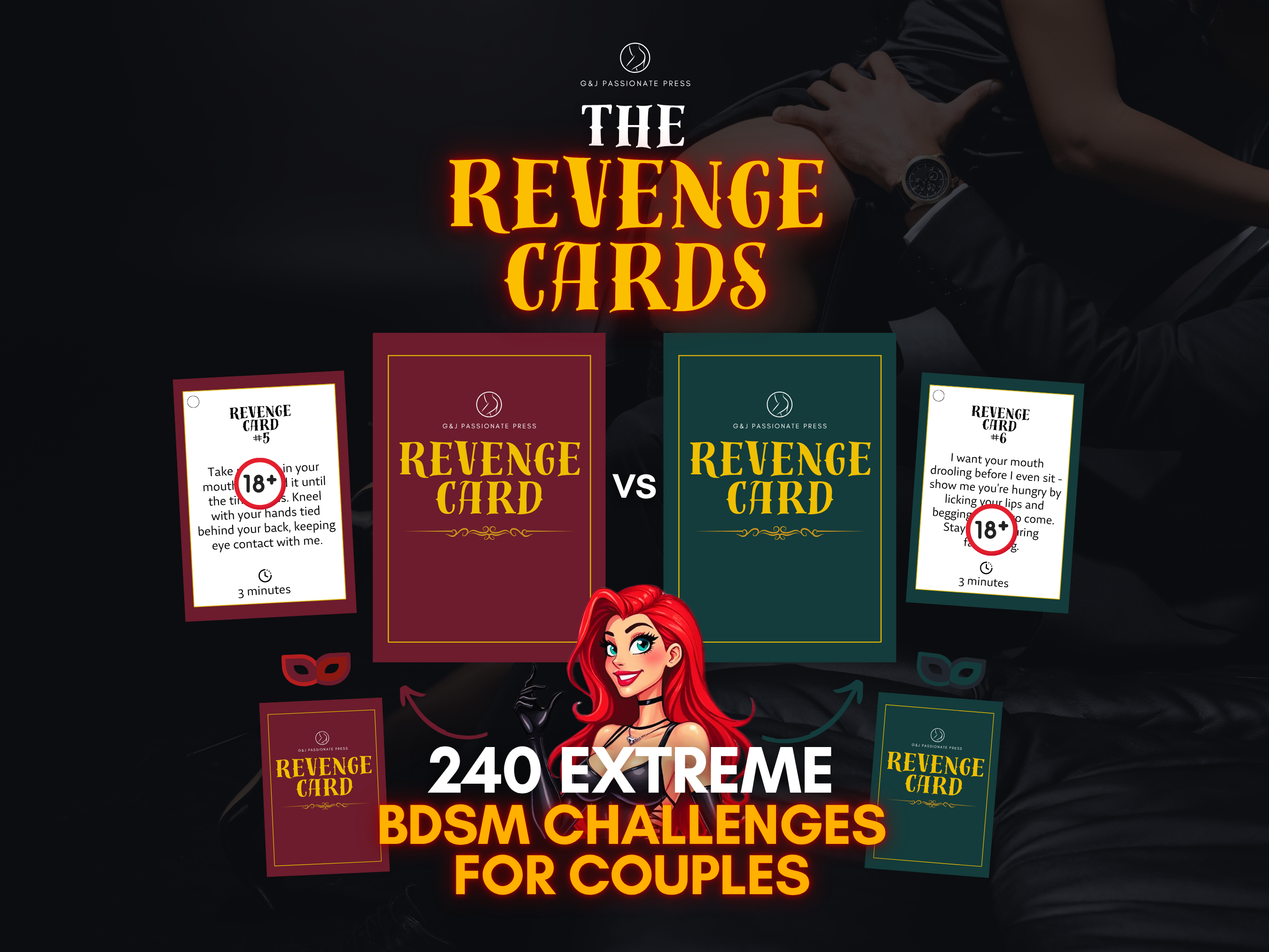 The Revenge Cards product overview showing 240 extreme BDSM challenges for couples with two card decks