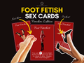 Cover-style product graphic for Foot Fetish Sex Cards Femdom Edition, featuring red challenge cards, high heels, bare feet, and bold product title