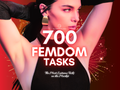 700 Femdom Tasks cover graphic with bold white title text and a dominant woman in black on a red background