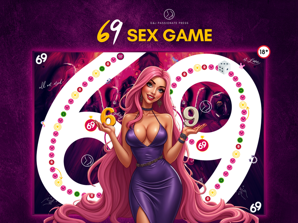 69 Sex Game product overview showing printable board game, dice, cards