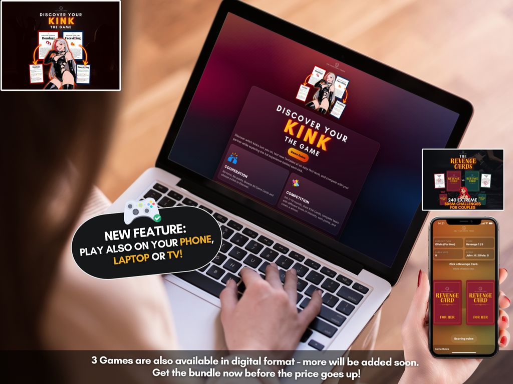 Three interactive couples games available in digital format, displayed on a laptop and phone. Play on your phone, laptop or TV with more digital games coming soon.