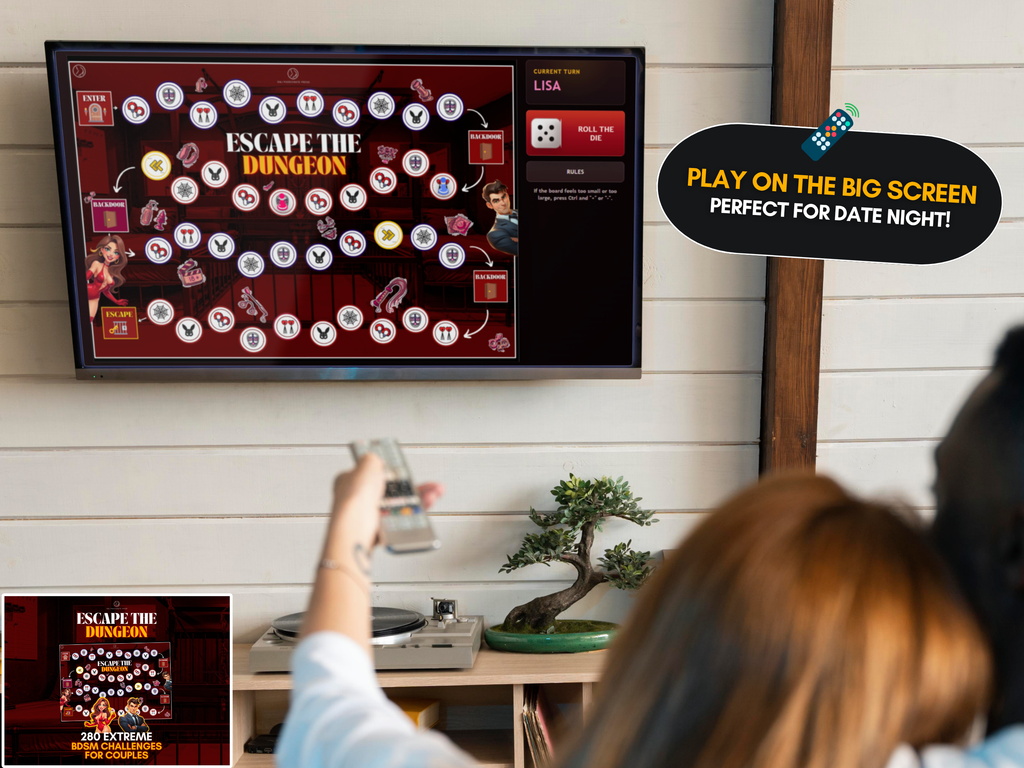 Escape the Dungeon interactive couples board game displayed on a TV. Digital date night game designed for couples to play together on the big screen.