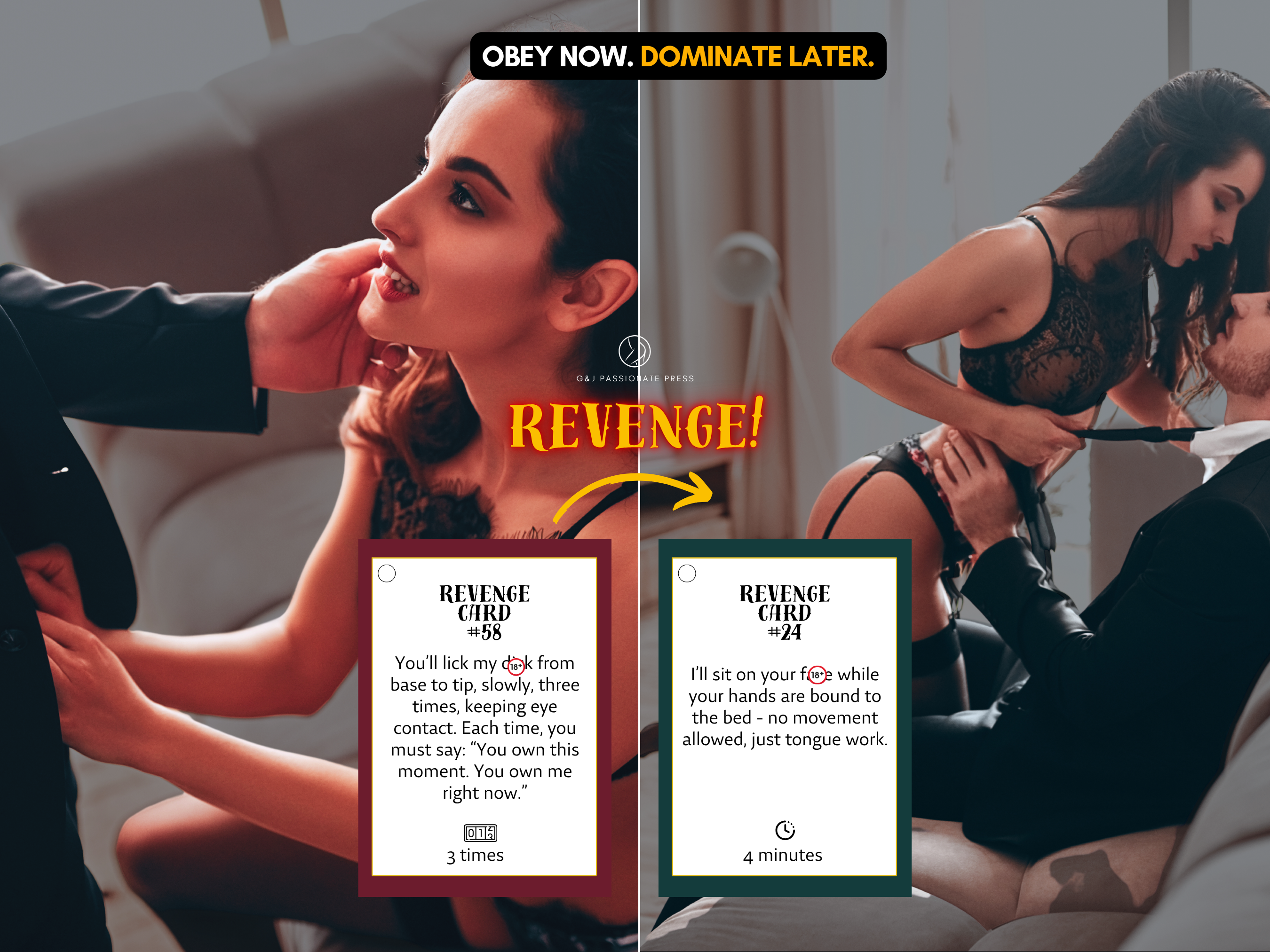 Revenge Cards preview showing two sample challenge cards with obey now and dominate later role switching theme