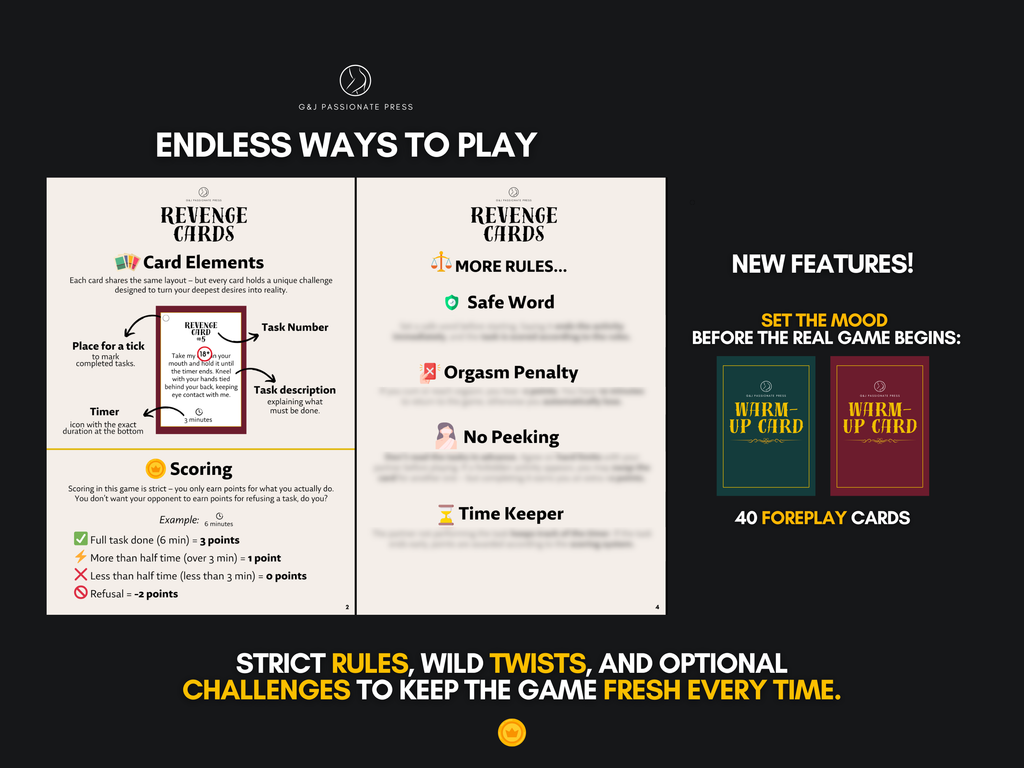 Revenge Cards feature overview showing card elements, scoring rules, and warm-up cards