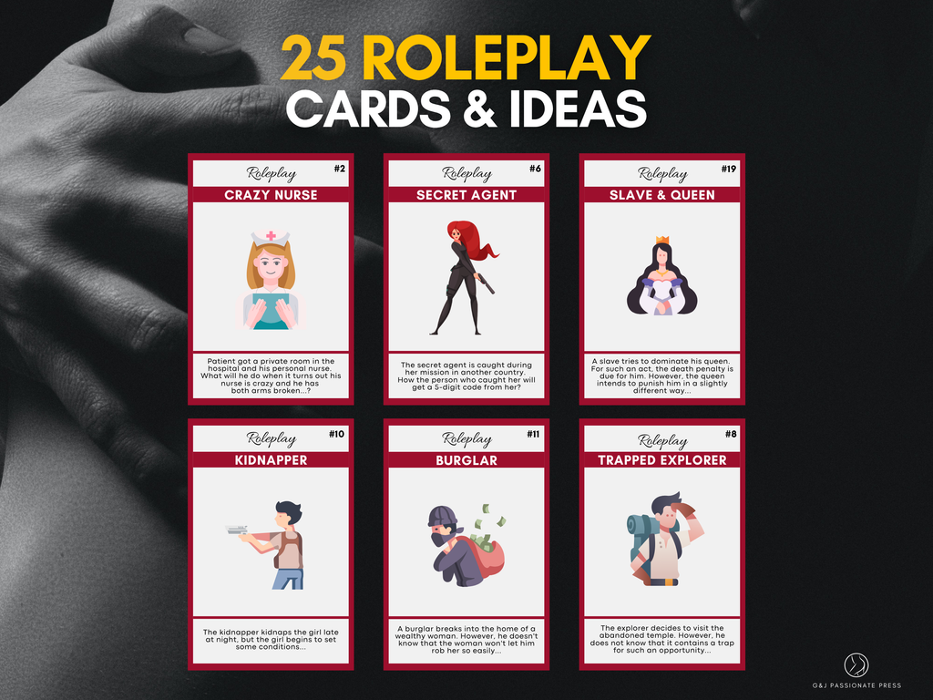 Sex Roleplay Cards overview showing 25 naughty roleplay cards and scenario ideas including nurse, agent, queen, burglar, and explorer themes
