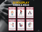 Sex Roleplay Cards overview showing 25 naughty roleplay cards and scenario ideas including nurse, agent, queen, burglar, and explorer themes
