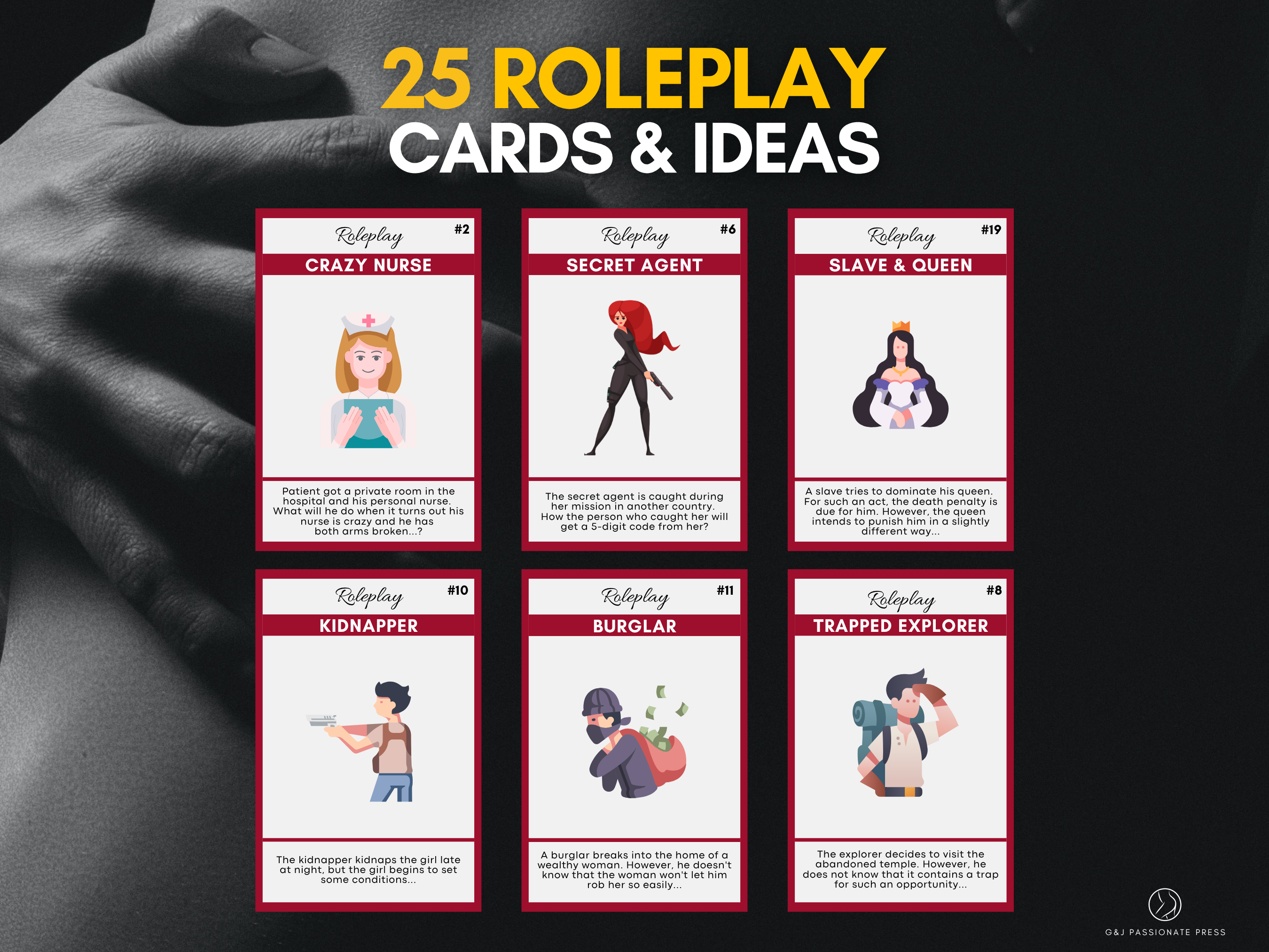 Sex Roleplay Cards overview showing 25 naughty roleplay cards and scenario ideas including nurse, agent, queen, burglar, and explorer themes