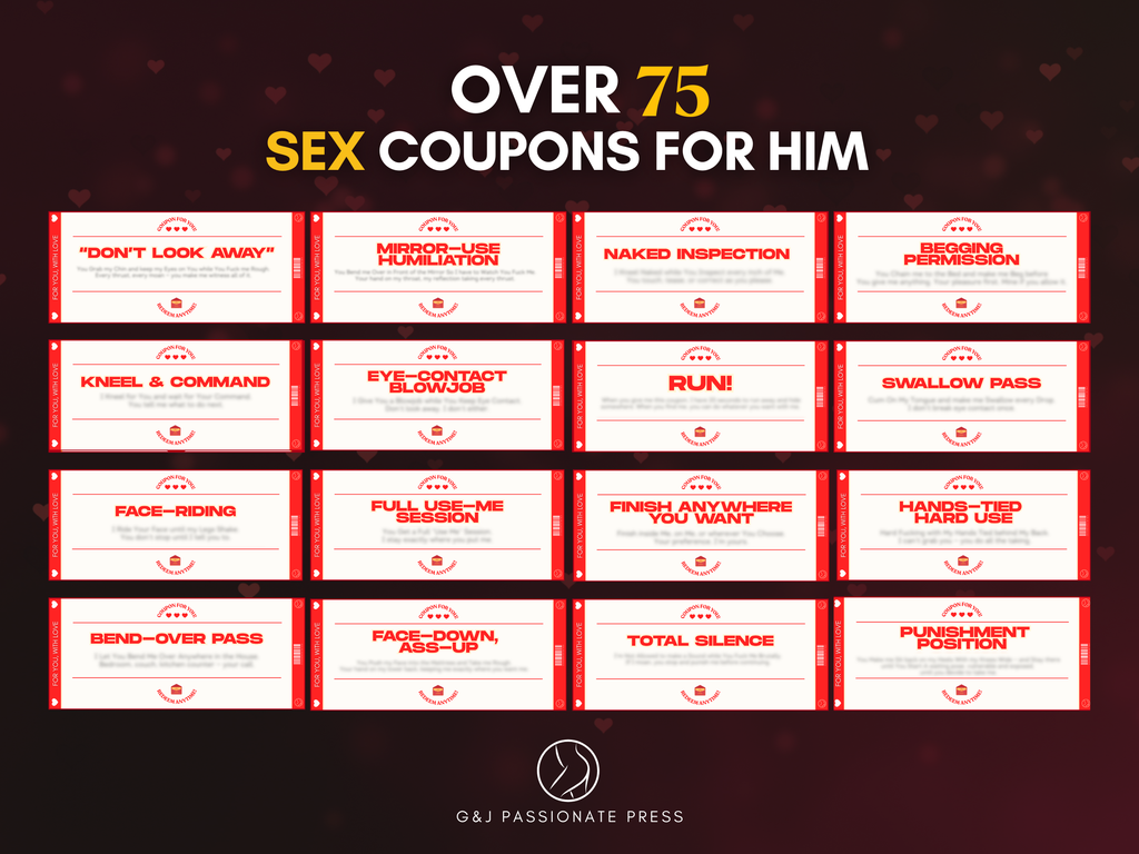 Overview graphic showing over 75 sex coupons for him, including multiple example coupon titles on a dark romantic background
