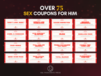 Overview graphic showing over 75 sex coupons for him, including multiple example coupon titles on a dark romantic background