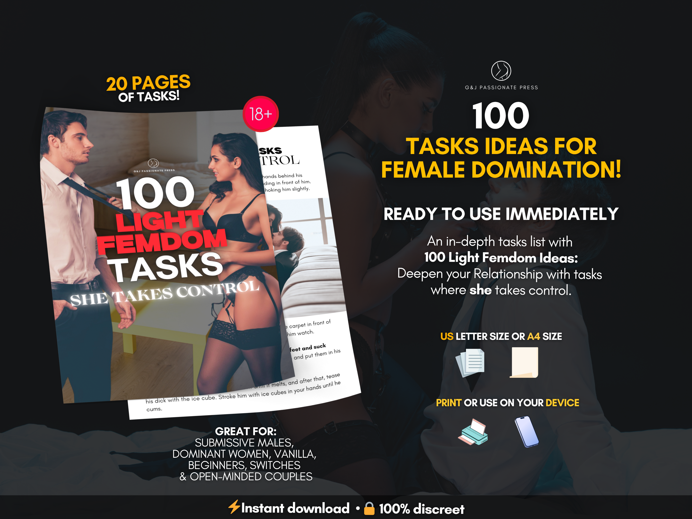 100 Light Femdom Tasks product overview showing 20 pages of printable tasks, instant download