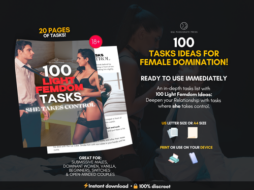 100 Light Femdom Tasks product overview showing 20 pages of printable tasks, instant download