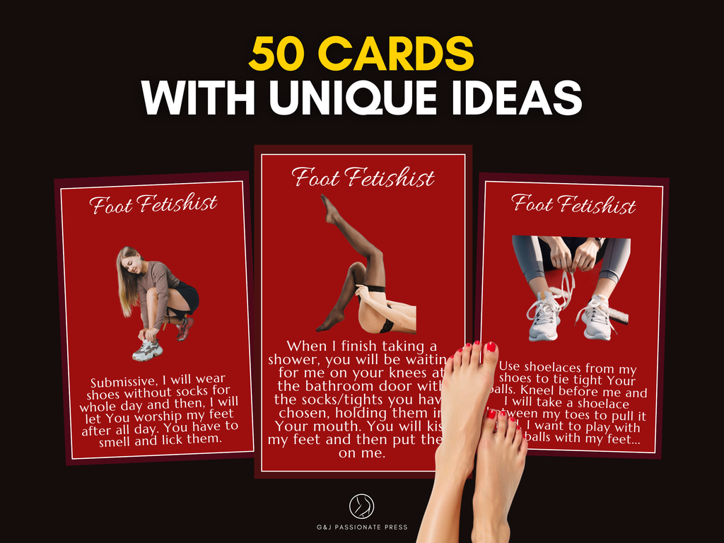 Product preview graphic showing 50 Foot Fetish cards with unique ideas, sample red cards, and foot worship themed visuals