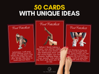 Product preview graphic showing 50 Foot Fetish cards with unique ideas, sample red cards, and foot worship themed visuals