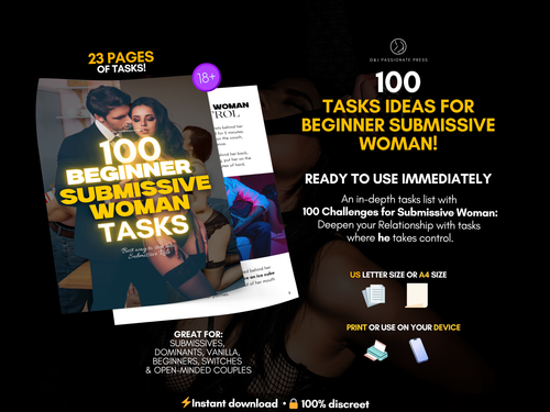 100 Beginner Submissive Woman Tasks product overview showing 23 pages of printable tasks