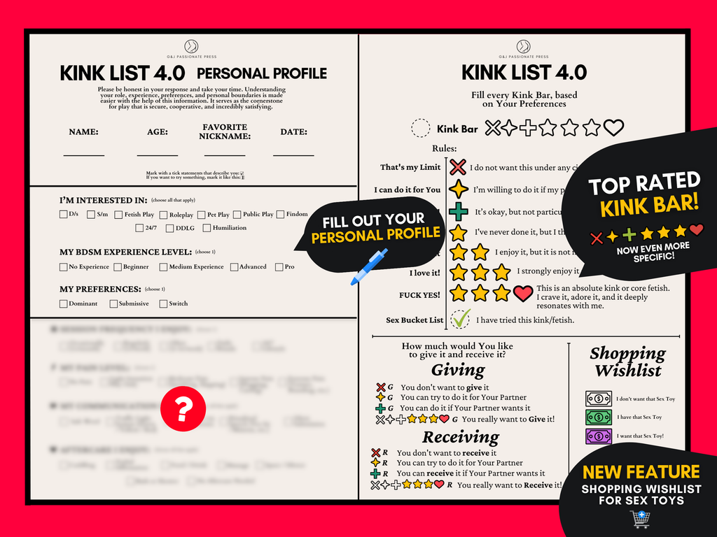 Kink List 4.0 preview showing personal profile, kink rating system, and shopping wishlist for sex toys