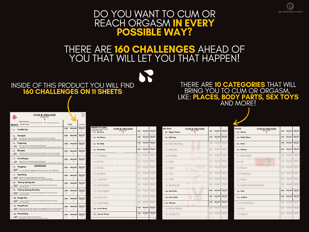 Cum and Orgasm Bucket List product preview showing 160 challenges across 11 sheets and 10 orgasm categories