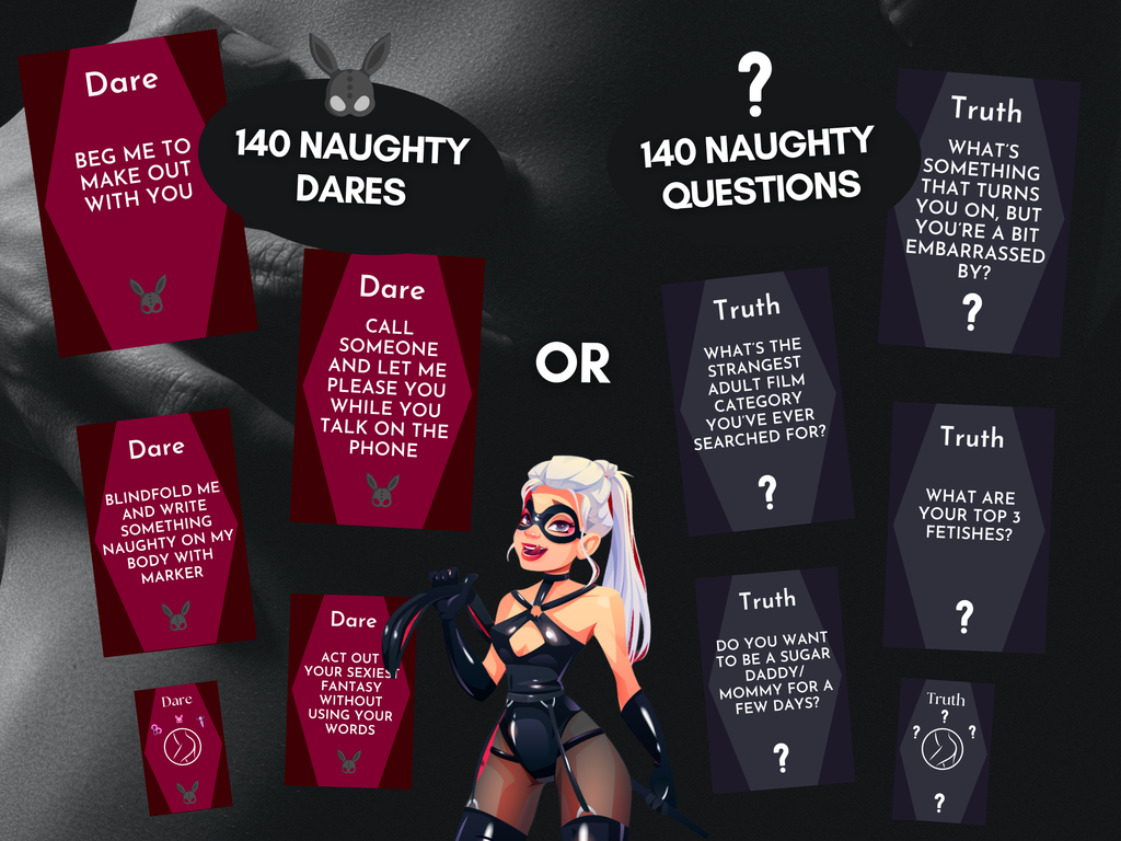 Naughty Truth or Dare Sex Cards preview showing 140 naughty dares and 140 naughty questions for couples