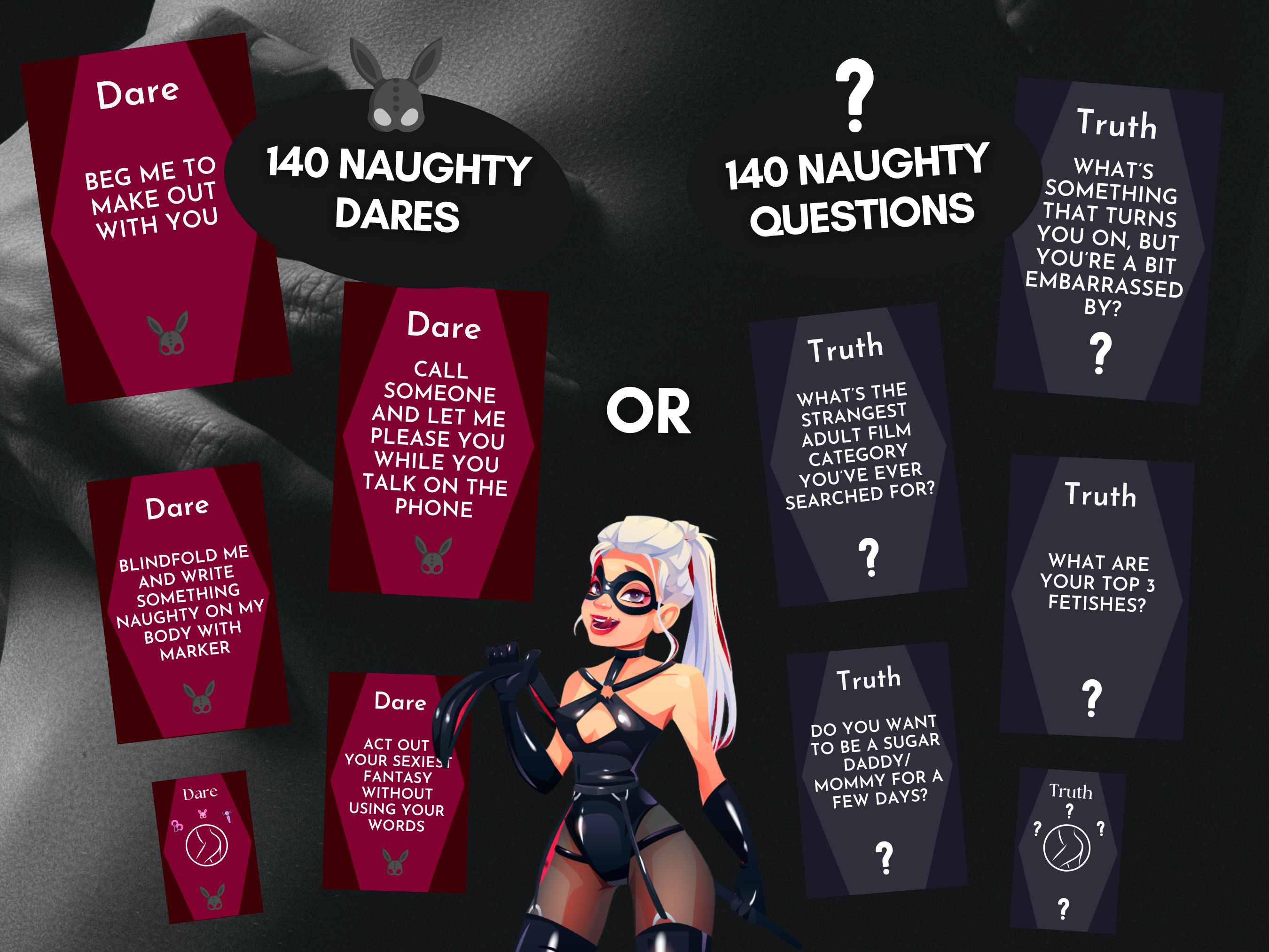 Naughty Truth or Dare Sex Cards preview showing 140 naughty dares and 140 naughty questions for couples