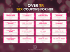 Overview graphic showing over 75 sex coupons for her, including multiple example coupon titles on a pink romantic background