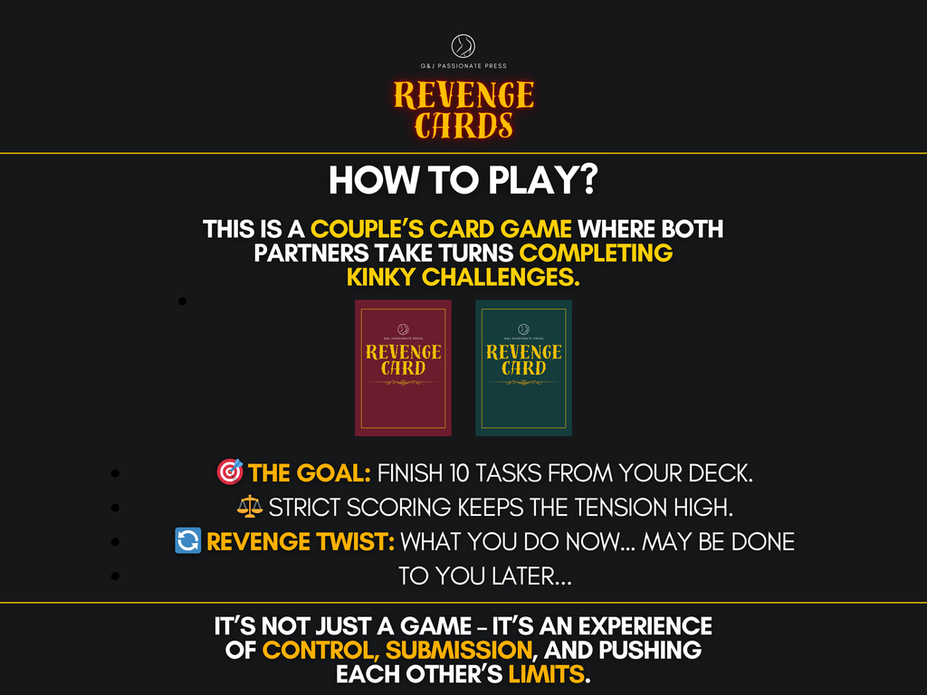 Revenge Cards how-to-play graphic explaining turns, kinky challenges, scoring, and the revenge twist mechanic