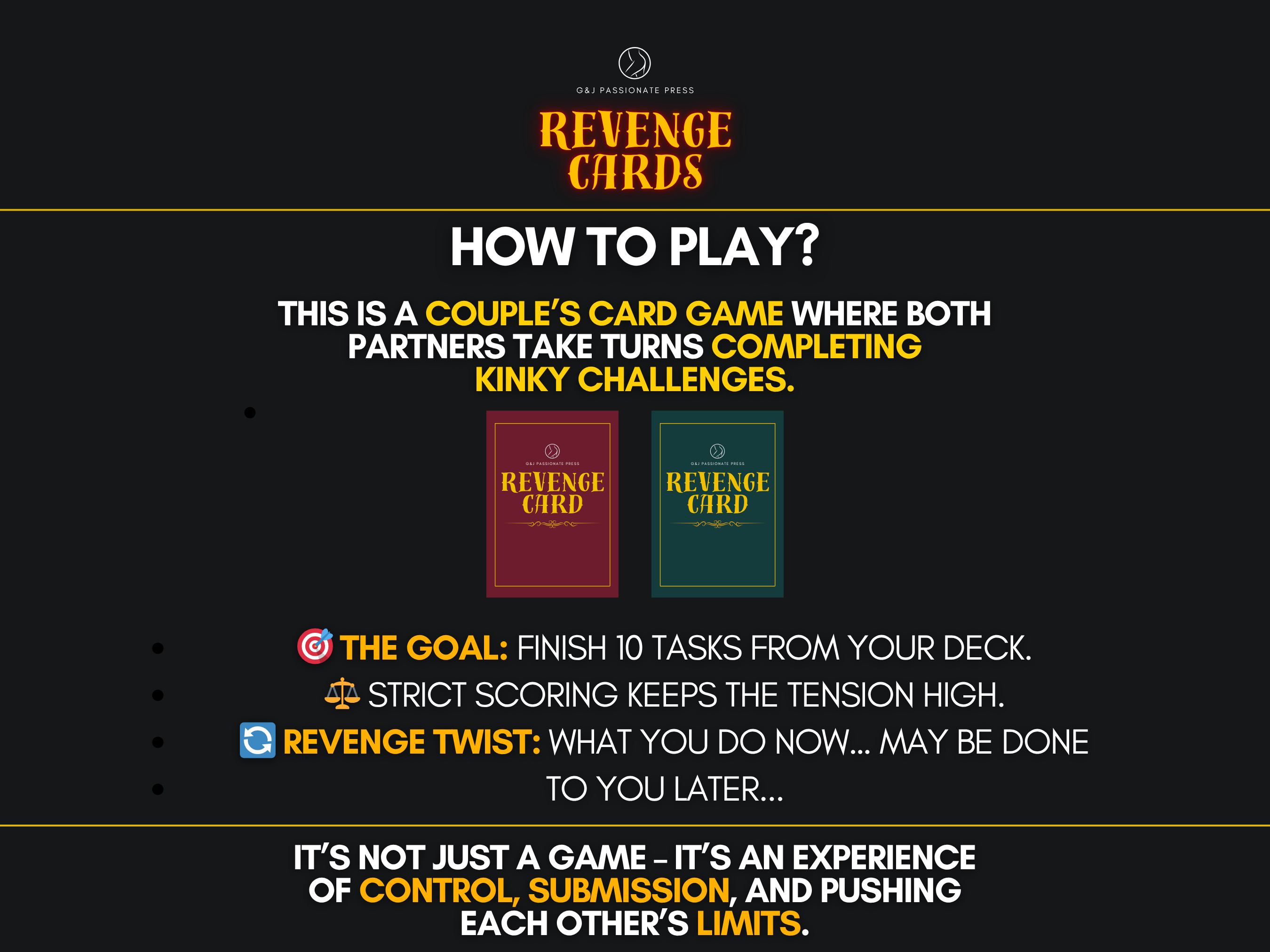 Revenge Cards how-to-play graphic explaining turns, kinky challenges, scoring, and the revenge twist mechanic