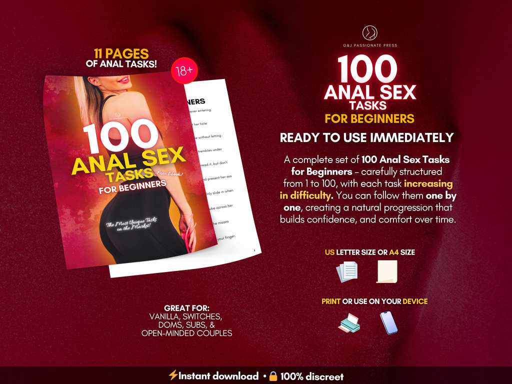 100 Anal Sex Tasks for Beginners product overview showing 11 pages of printable tasks, instant access, beginner progression, and use on phone or printed pages