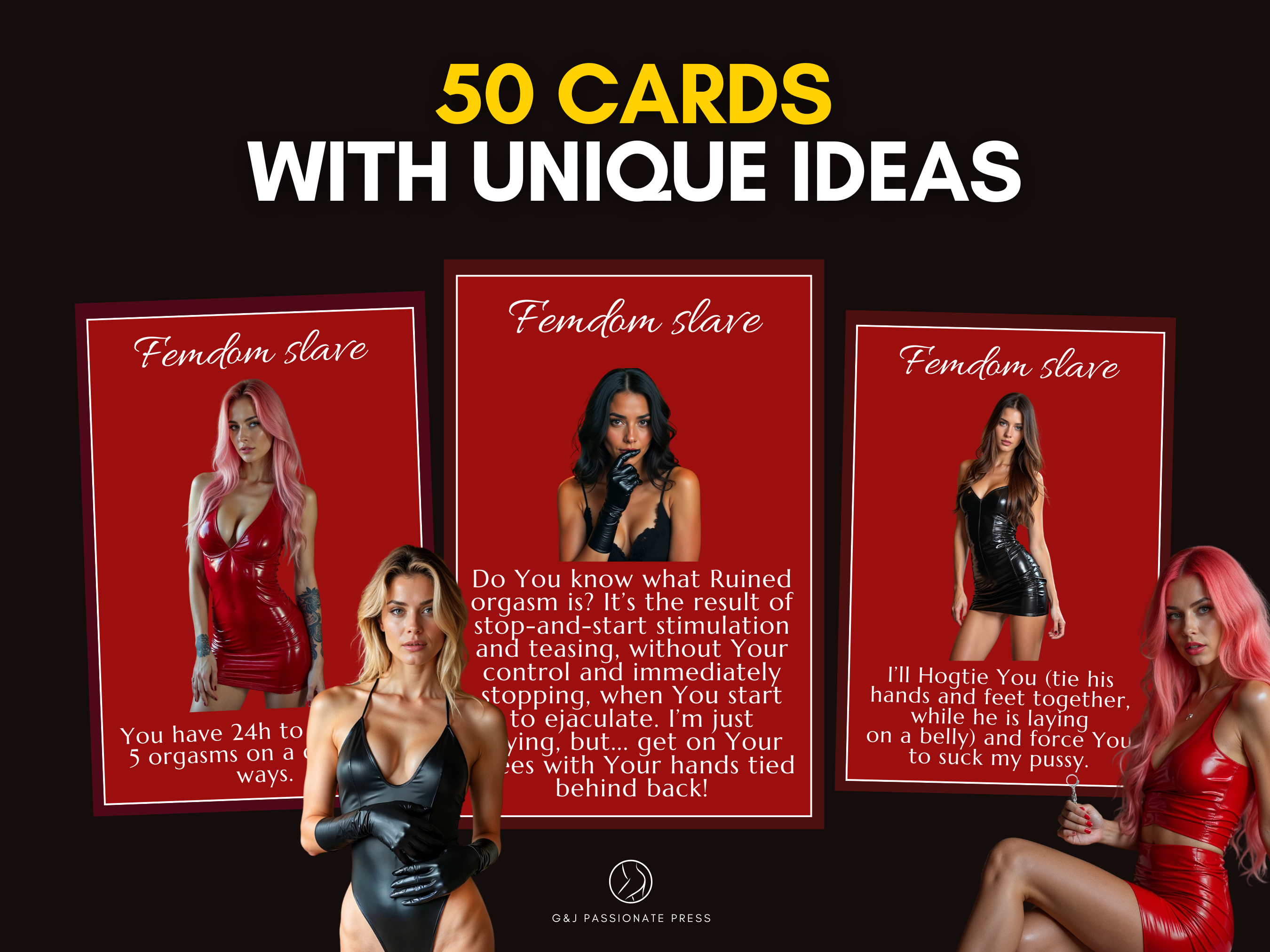 Product preview graphic showing 50 Femdom Slave cards with unique ideas, sample red cards, and dominant female characters