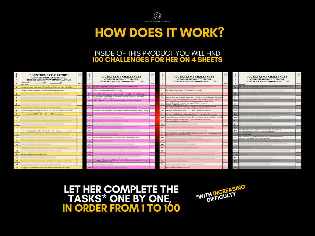 Product structure graphic explaining that the product includes 100 challenges across 4 sheets with increasing difficulty