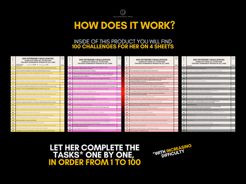 Product structure graphic explaining that the product includes 100 challenges across 4 sheets with increasing difficulty