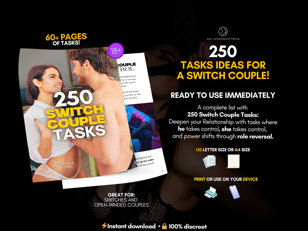 250 Switch Couple Tasks product overview showing 60+ pages of role reversal task ideas for switch and open-minded couples