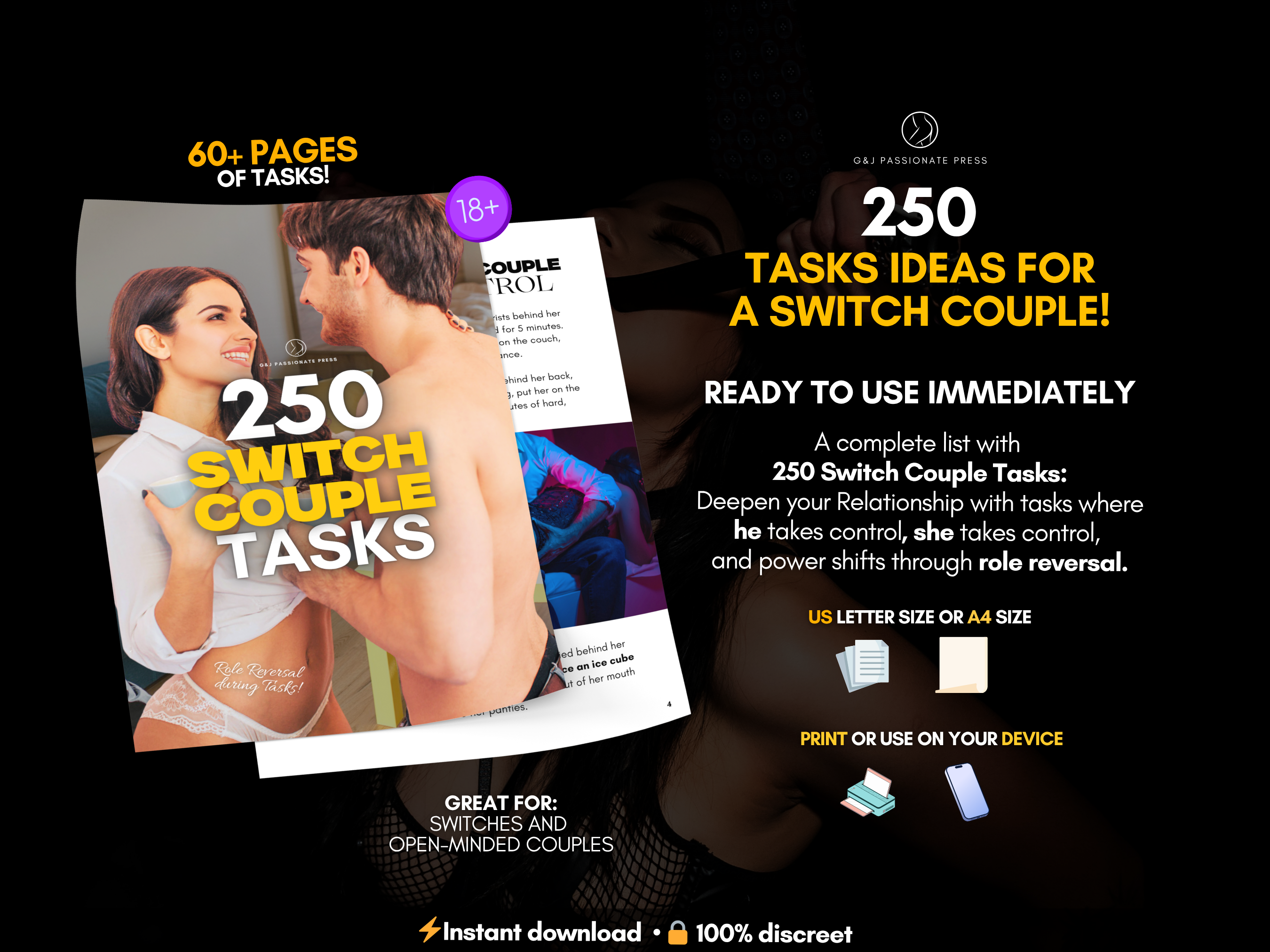 250 Switch Couple Tasks product overview showing 60+ pages of role reversal task ideas for switch and open-minded couples