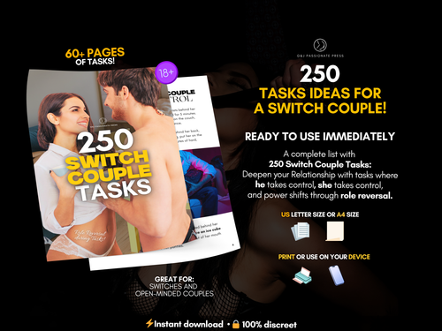 250 Switch Couple Tasks product overview showing 60+ pages of role reversal task ideas for switch and open-minded couples