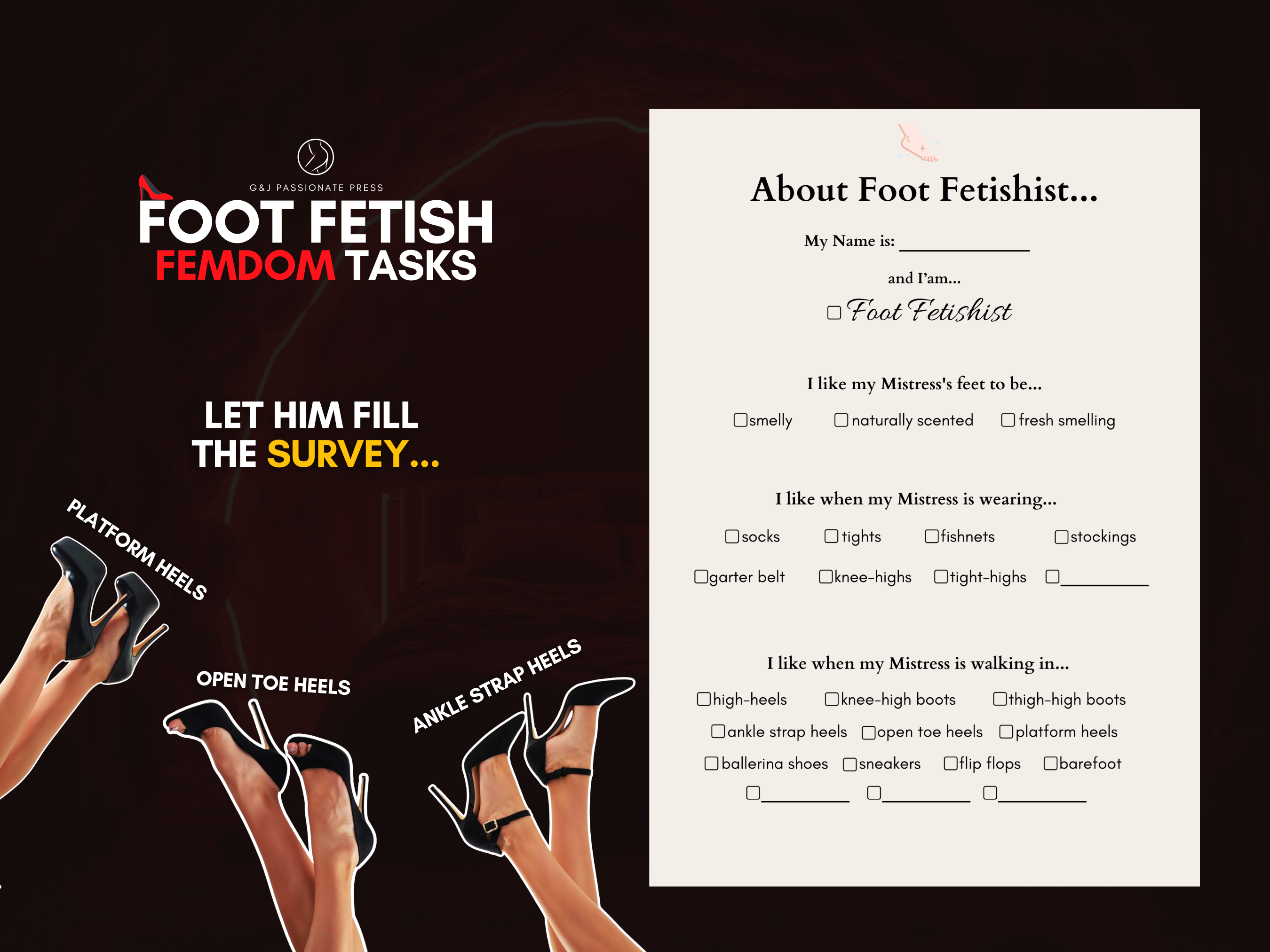Survey preview graphic for Foot Fetish Femdom Tasks, showing a foot fetish preference checklist with different heel and footwear options