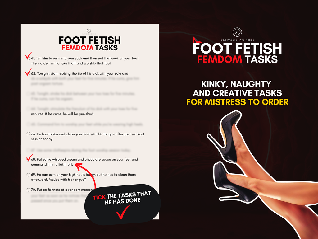 Product preview graphic showing Foot Fetish Femdom Tasks pages with tickable checklist format and creative tasks for Mistress to order