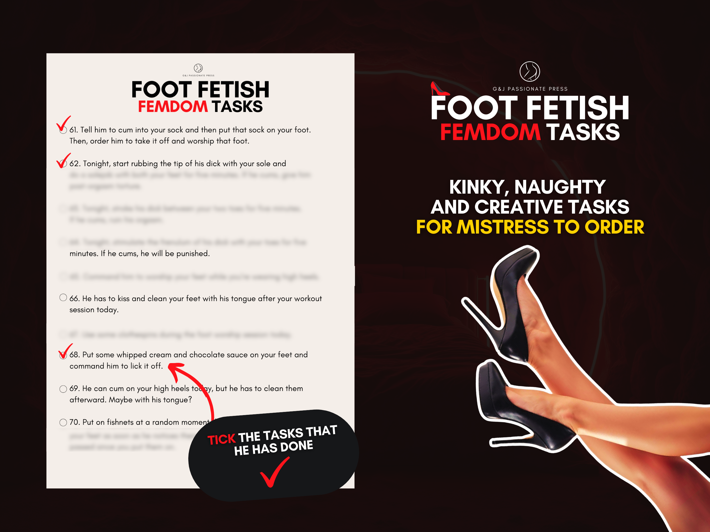 Product preview graphic showing Foot Fetish Femdom Tasks pages with tickable checklist format and creative tasks for Mistress to order