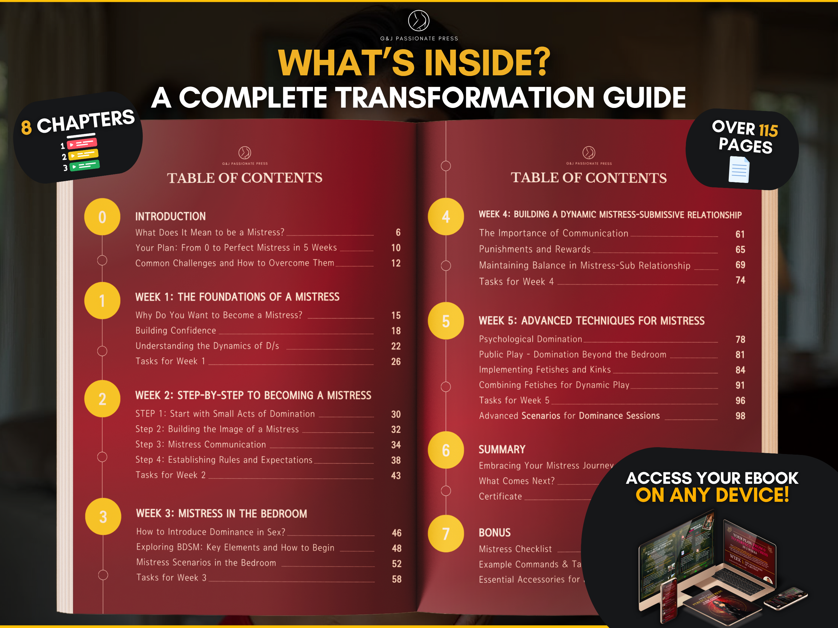Guide to Become a Mistress table of contents preview showing 8 chapters, 115+ pages, and access on any device