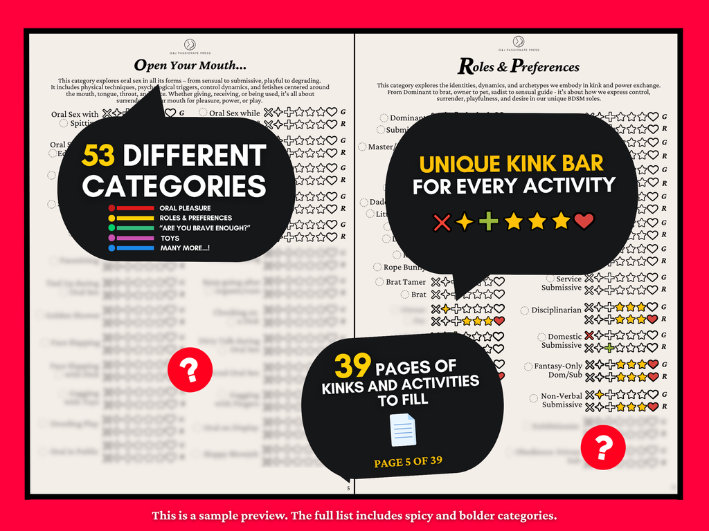 Kink List preview showing 53 kink categories and a unique rating bar for every activity
