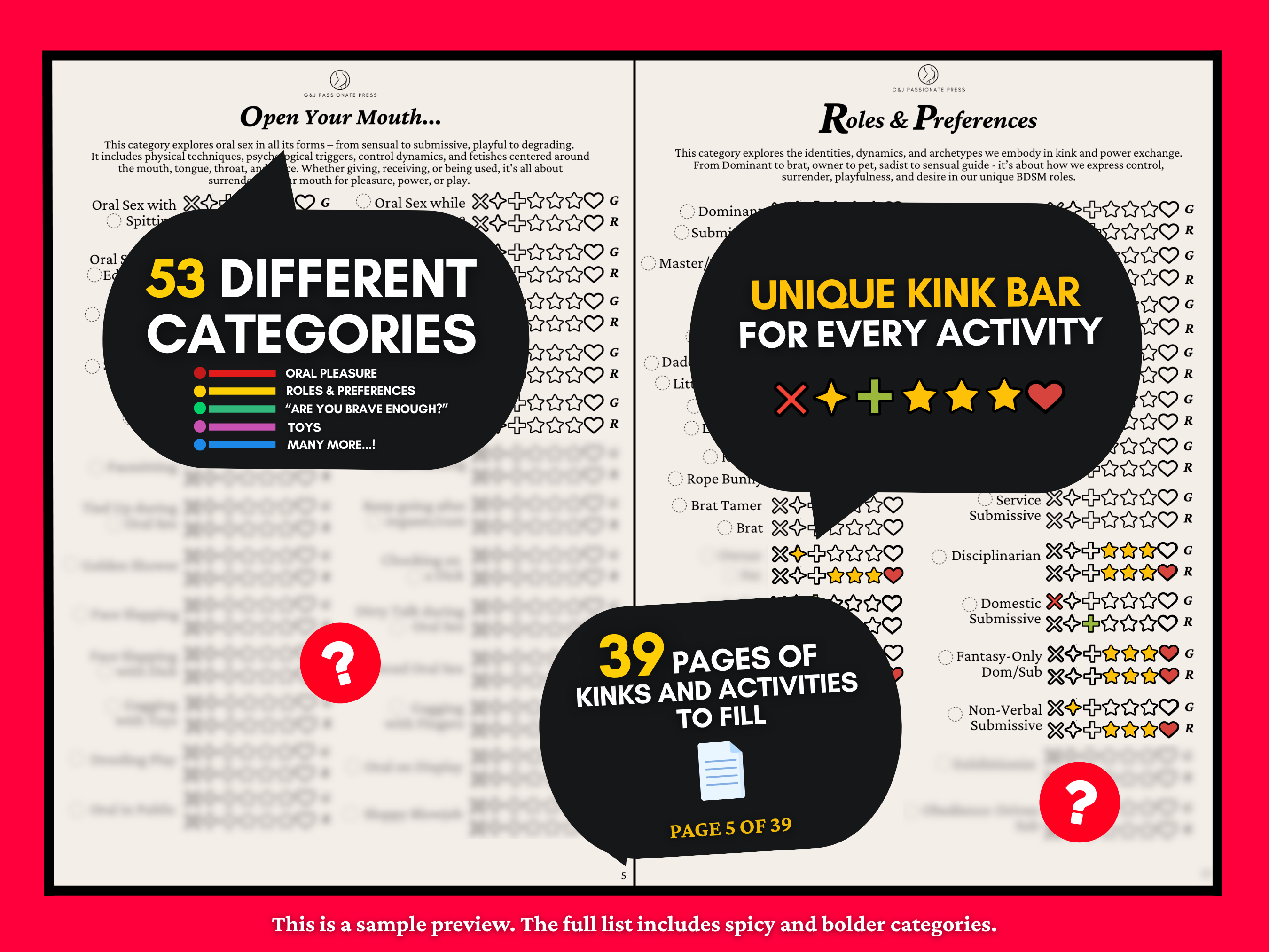 Kink List preview showing 53 kink categories and a unique rating bar for every activity
