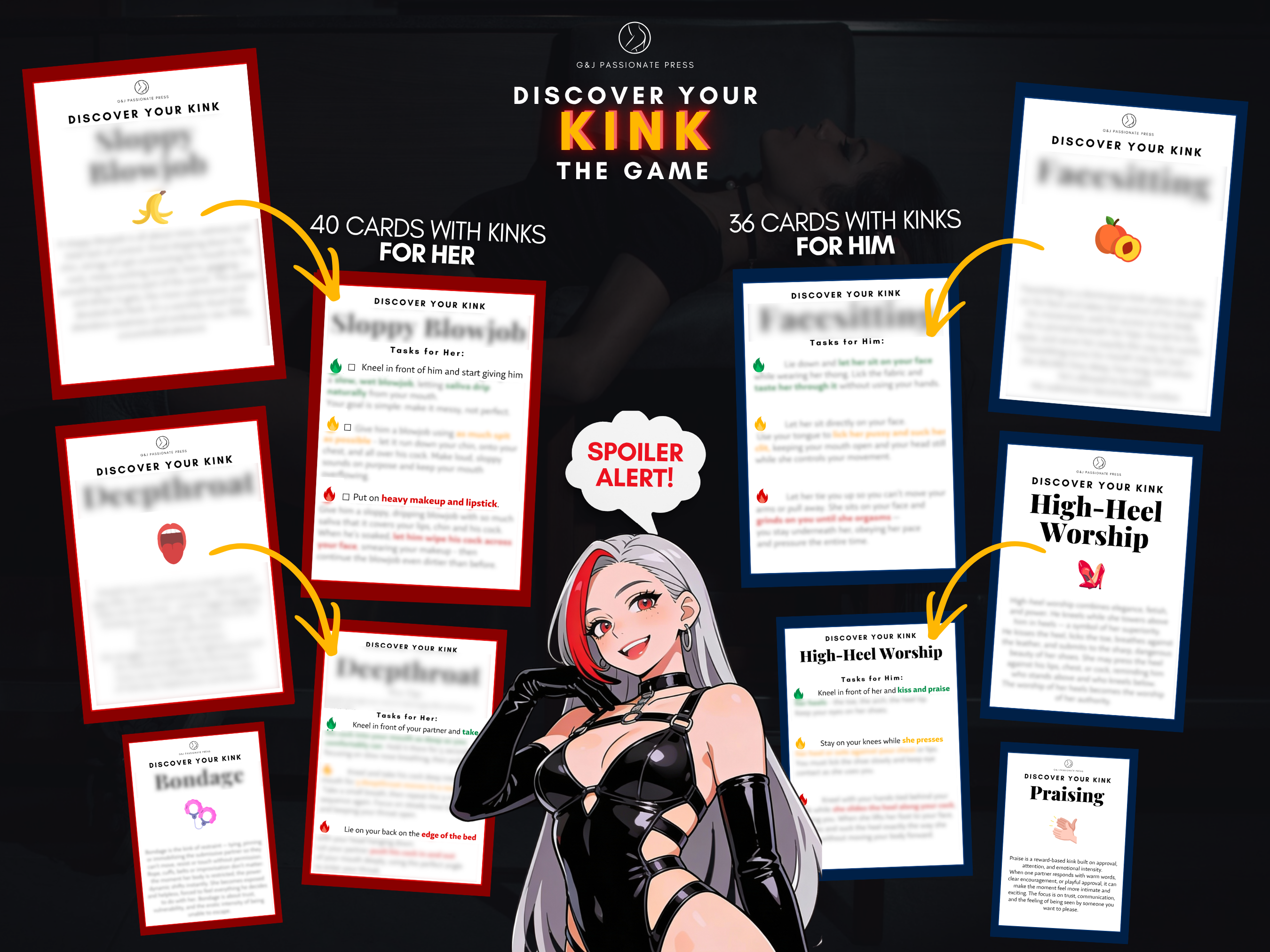 Discover Your Kink card game preview showing kink cards for her and him with sample prompts
