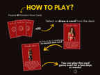 How to play graphic for Femdom Slave Cards, explaining how to prepare 50 cards, draw a card, complete a challenge, and receive the next card