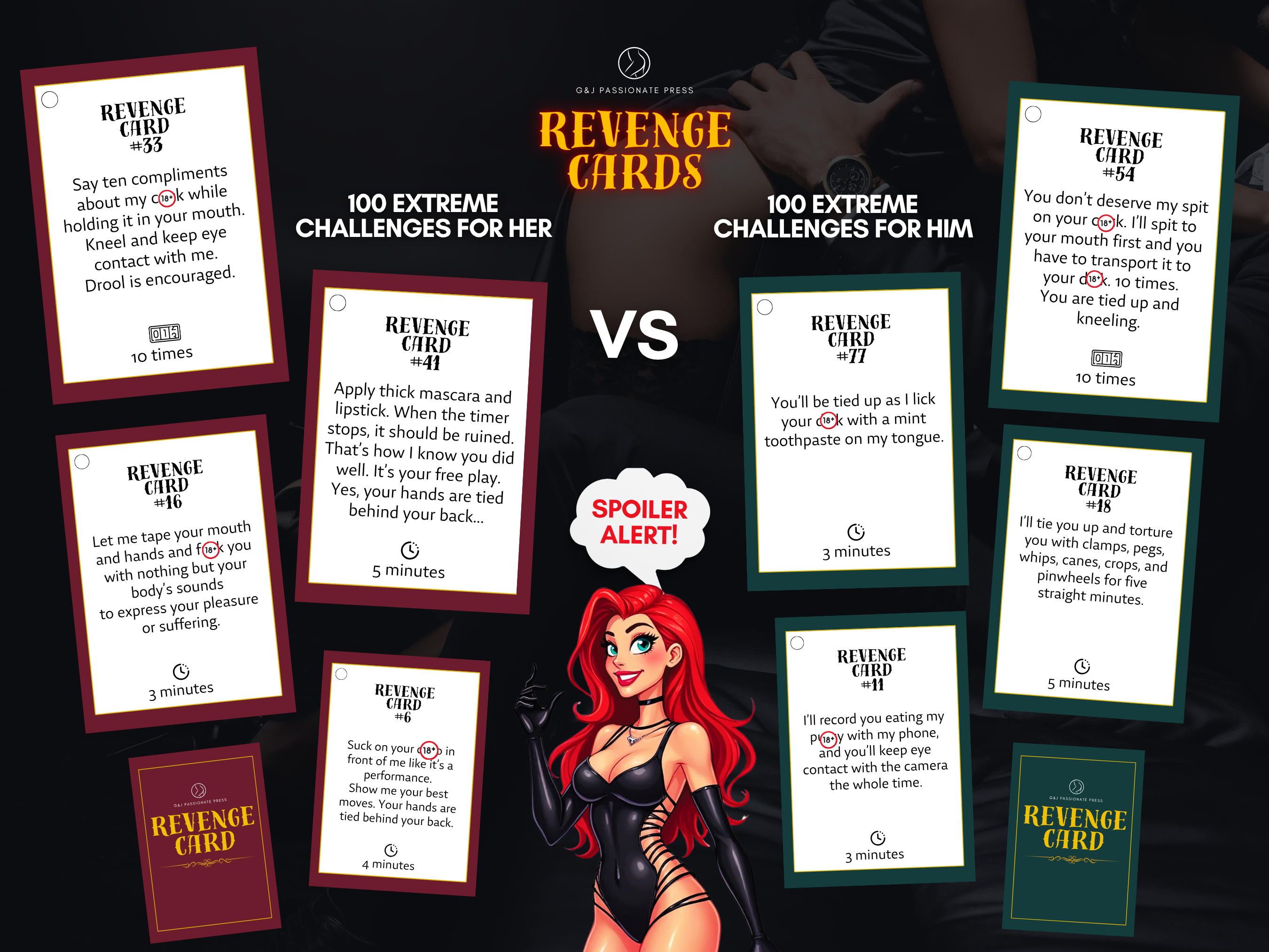 Revenge Cards sample card preview showing 100 extreme challenges for her and 100 extreme challenges for him